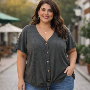 Torrid Charcoal Gray Waffle Knit Button Front Top Size 4 Plus Short Sleeve Flowy